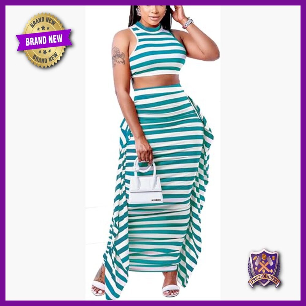 Sleeveless Crop Top & Fringe Skirt Set, Polyester Spandex, Fitted